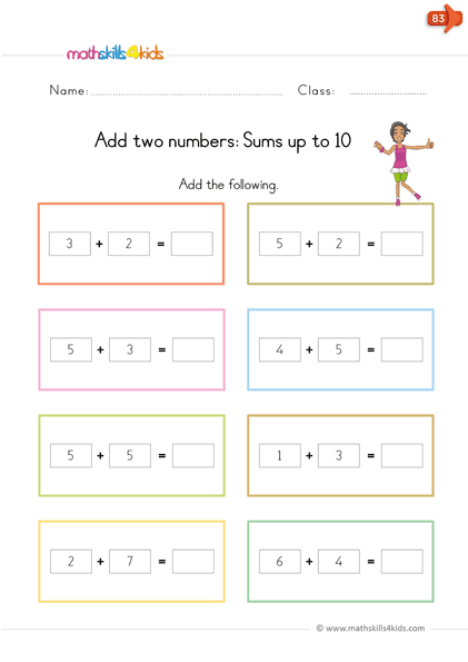 kindergarten math worksheets - addition up to 10 - complete addition sentence