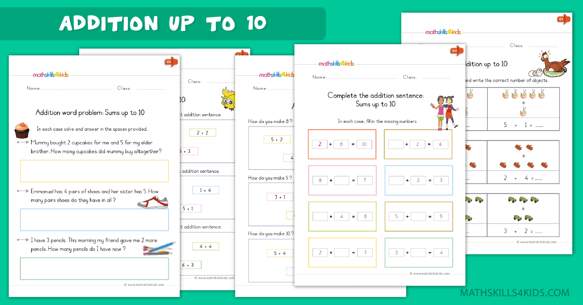 Kindergarten math worksheets - addition up to 10 worksheets
