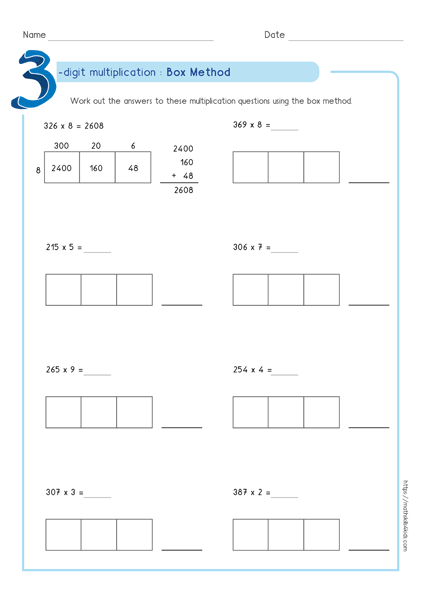 Box multiplication method - Partial product multiplication worksheet 3 by 1