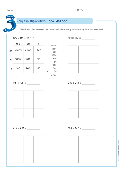 Box multiplication method - Partial product multiplication worksheet 3 by 3