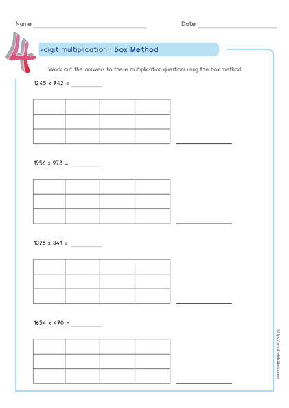 Box multiplication method - Partial product multiplication worksheet 4 by 3
