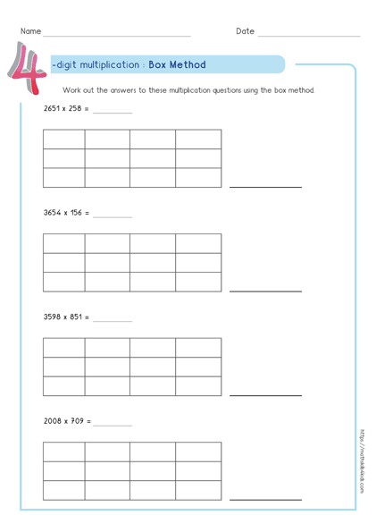 Box multiplication worksheets PDF - Multiply 4-digit by 3-digit number