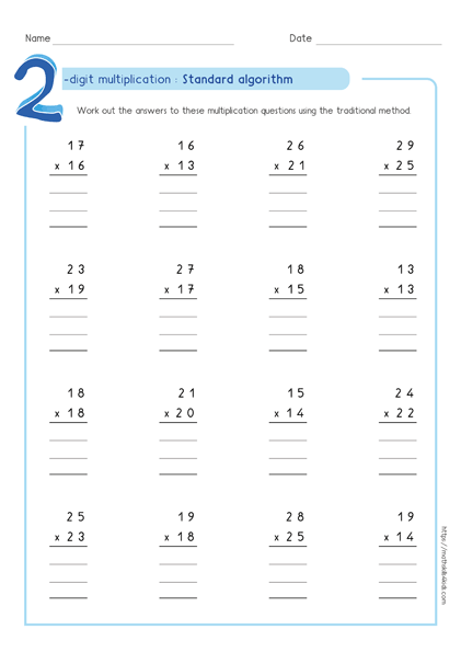 Standard algorithm method - Partial product multiplication worksheet 2 by 2