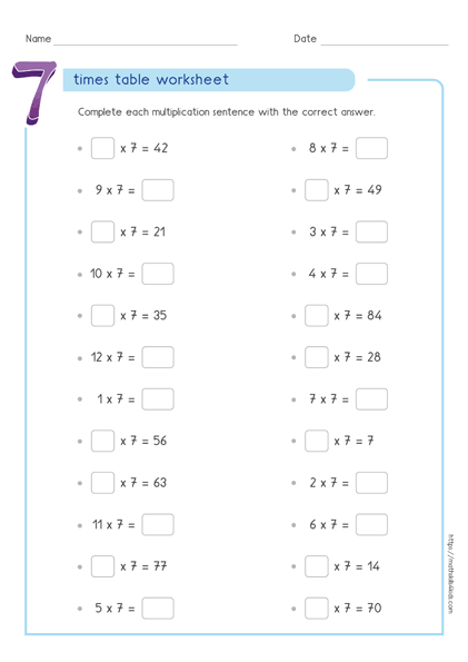 7 times table worksheets PDF - Multiplying by 7 activities