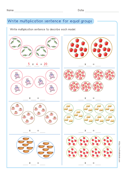 Write multiplication expression for equal groups worksheet 1 - Understand Multiplication Concept