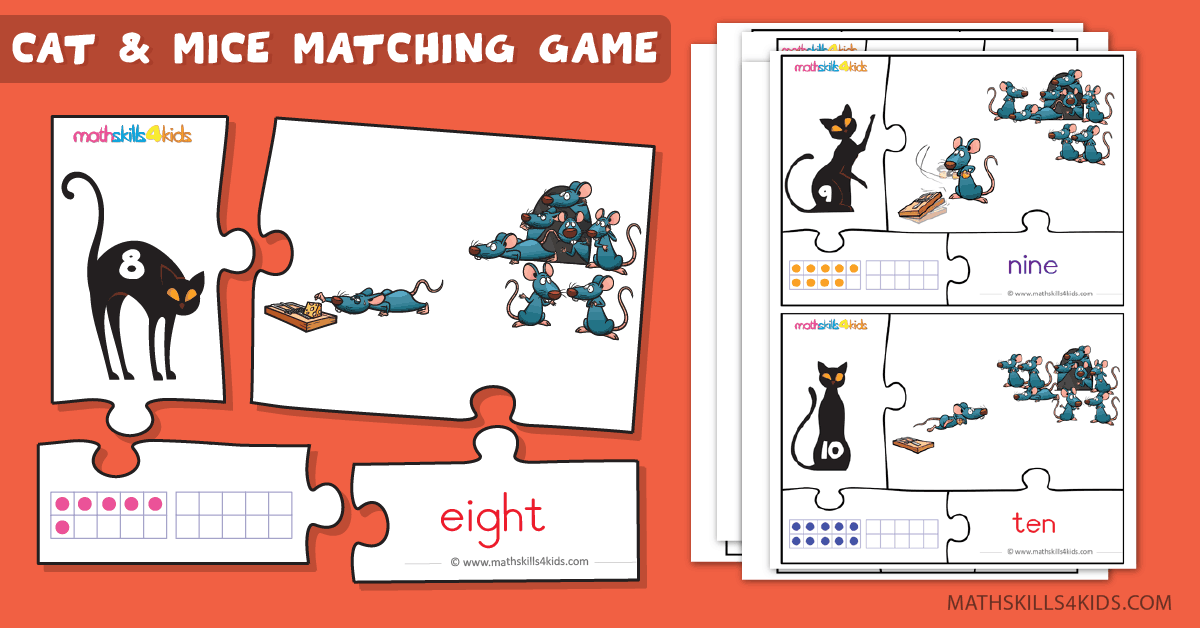 Cat and Mice numbers math game for kids - Printable number puzzle matching game