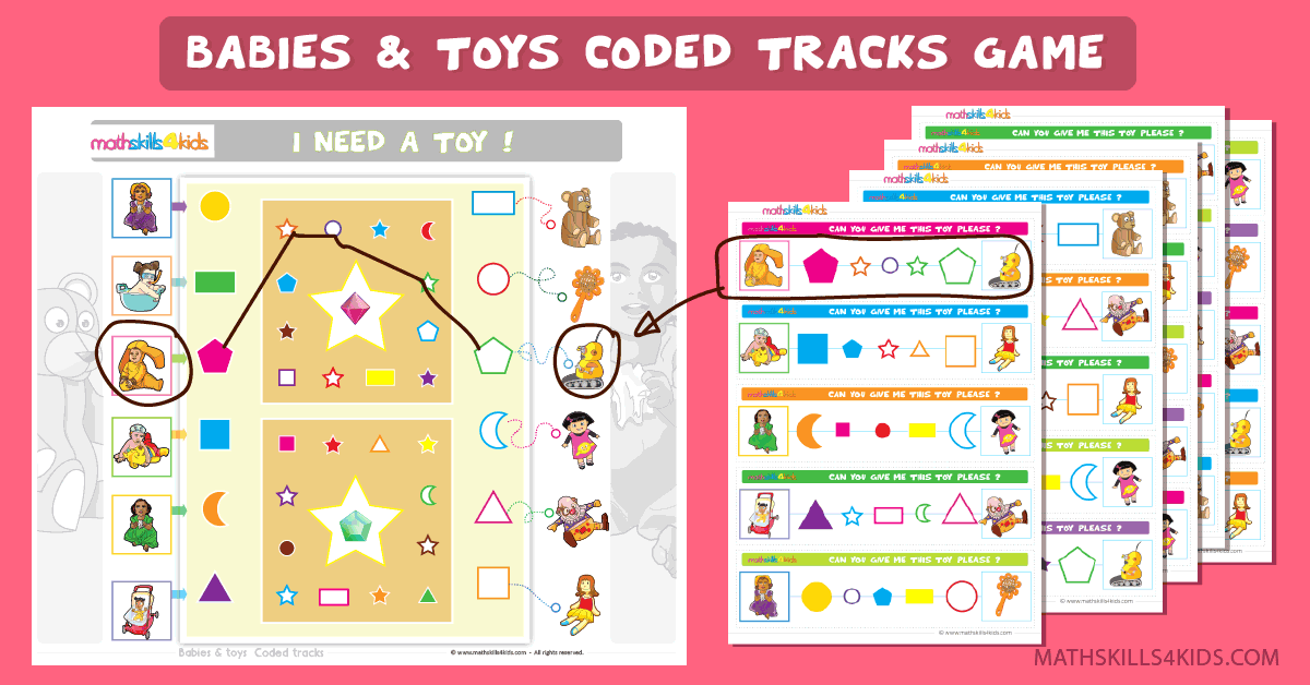 Babies and Toys coded tracks game - Pre-K Free printable logic game
