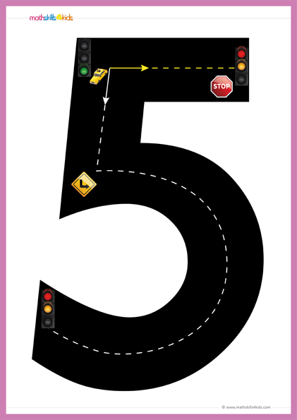preschool math printable game - road numbers math digit 5