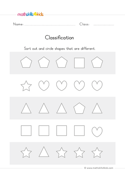 preschool math worksheets - classify different shapes