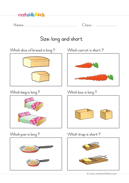 preschool math worksheets size comparing long and short