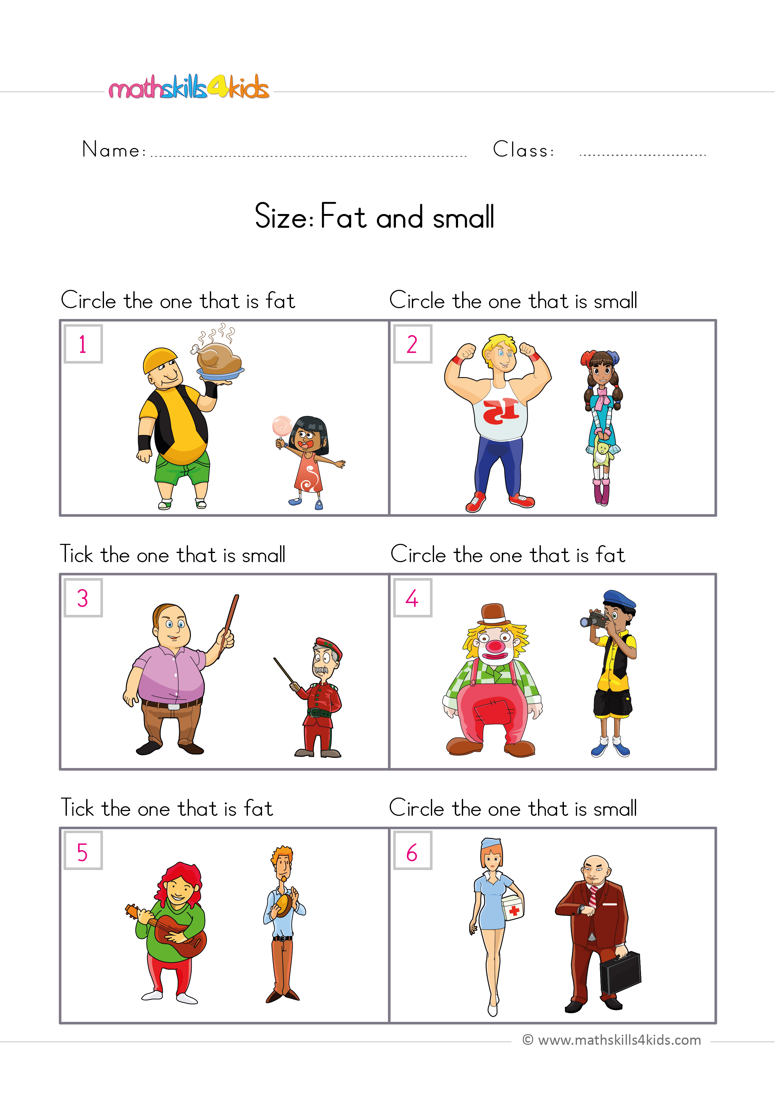 preschool math worksheets size comparing fat and small