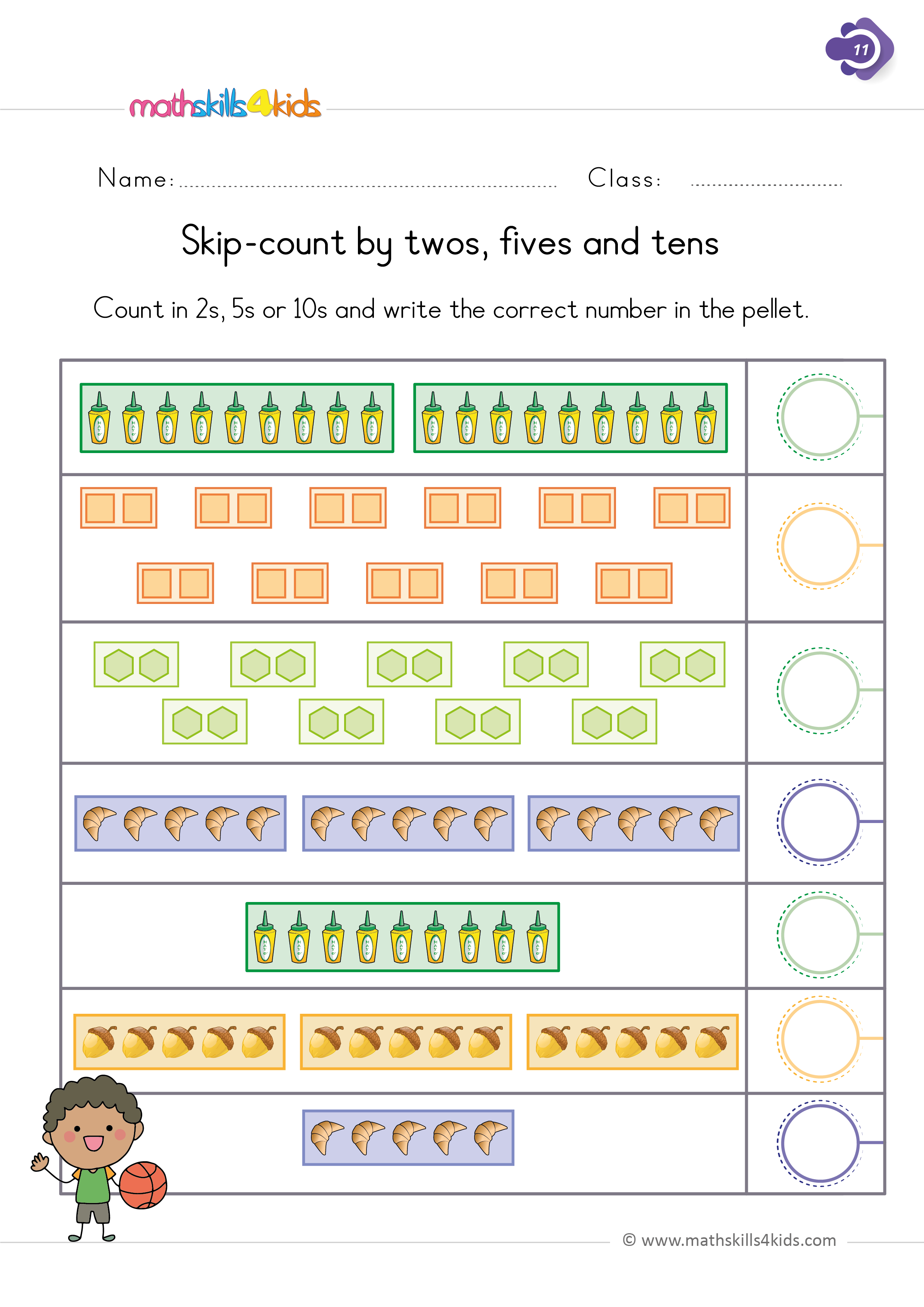 First Grade math worksheets - skip-counting by 2s 5s 10s