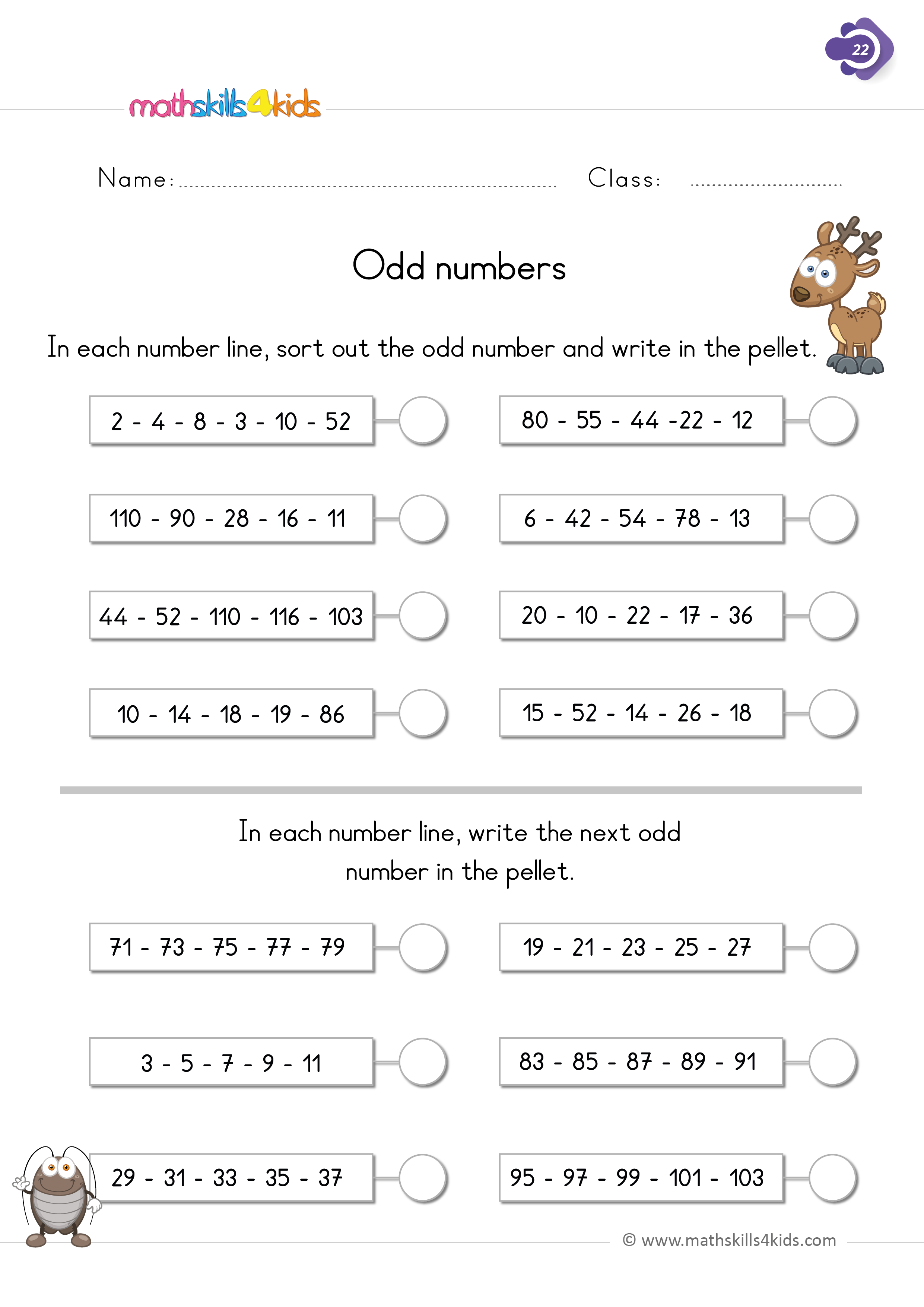 First Grade math worksheets - even and odd numbers - complete the missing numbers