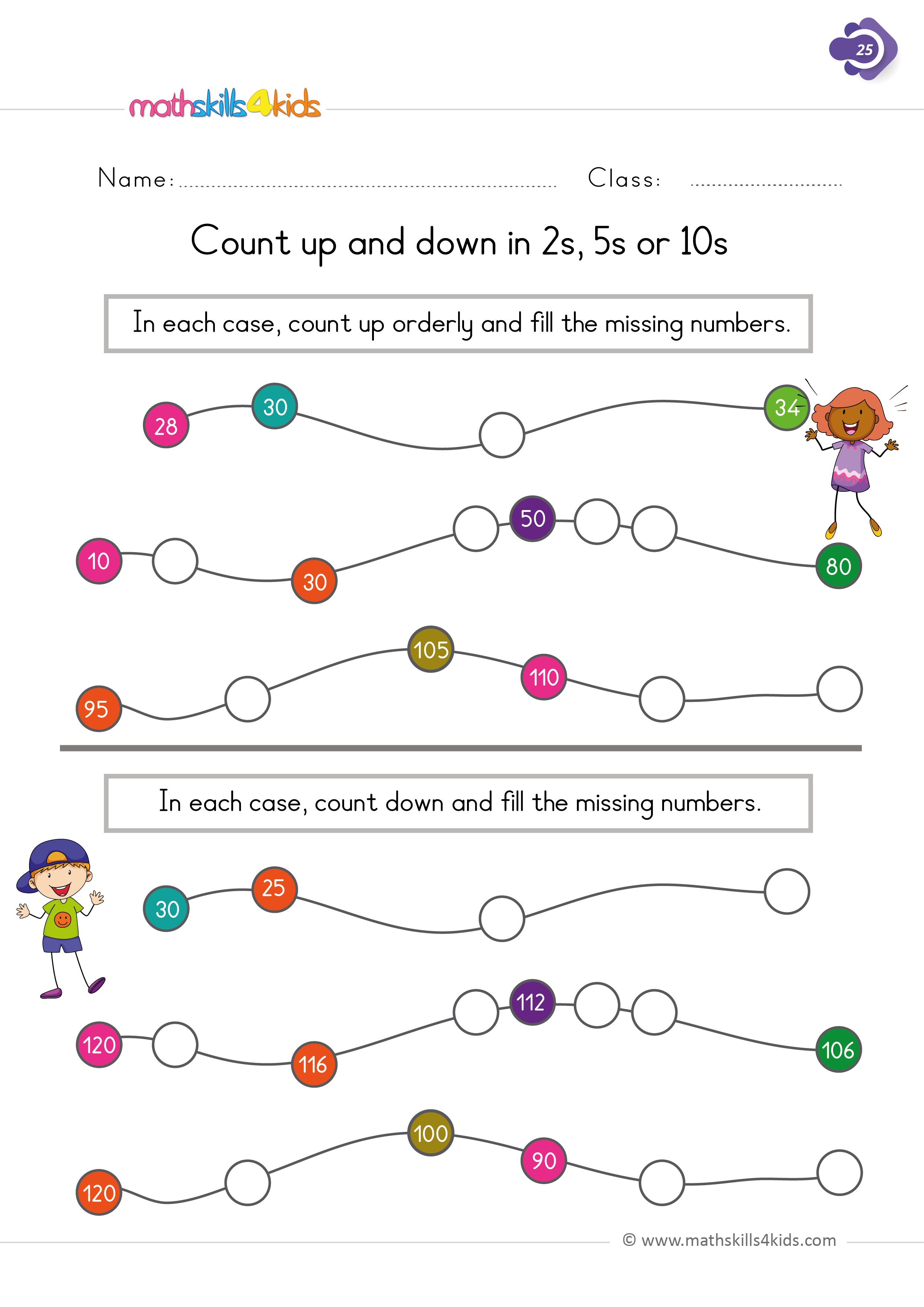 First Grade Math worksheets - count up and down by 1 2 5 10