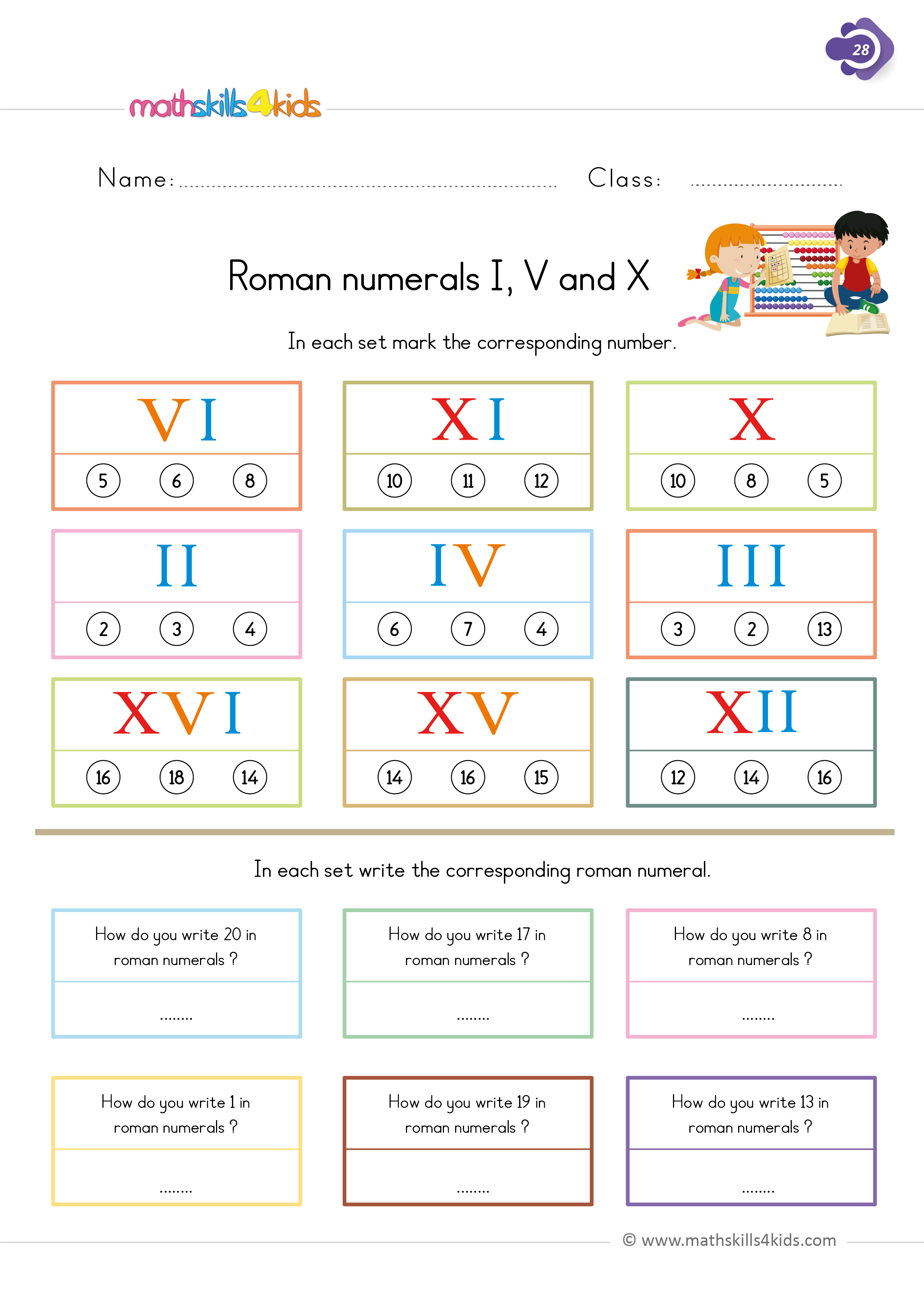 First Grade math worksheets - roman numeral numbers