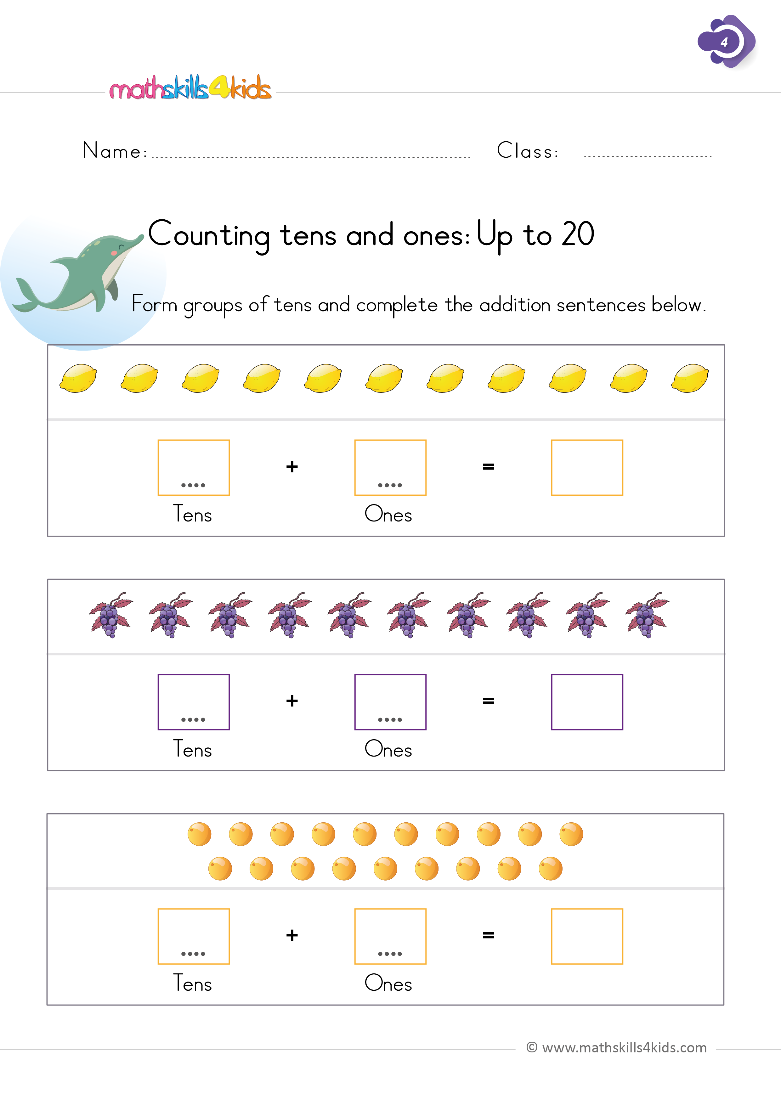 First Grade math worksheets - Counting tens and ones