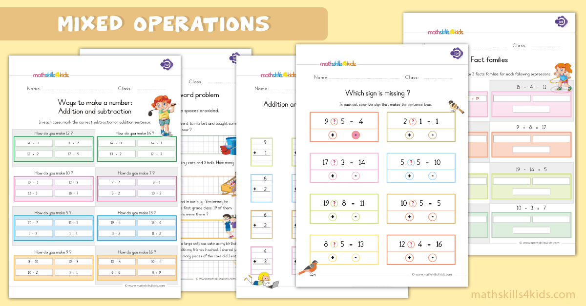 Mixed Addition and Subtraction Worksheets for Grade 1 - 1st Grade Printable Mixed Operation
