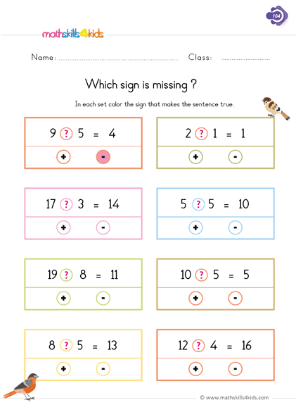 First Grade math worksheets - Find the missing signs training worksheets