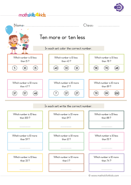 First Grade math worksheets - ten more or tens less addition and subtraction worksheets