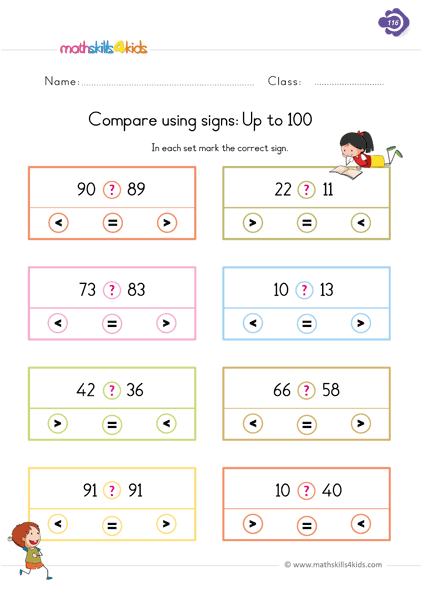 First Grade math worksheets - compare using signs up to 100 worksheets