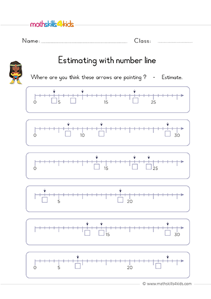 First Grade math worksheets - Rounding and estimating with a number line