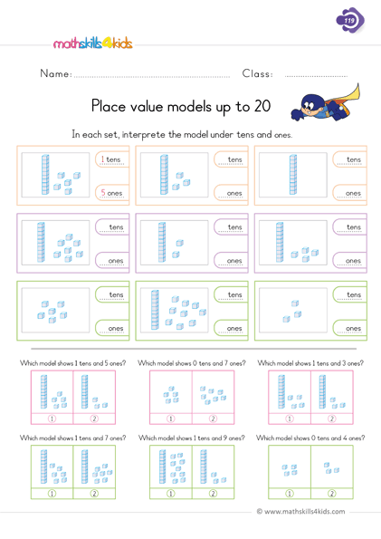First Grade math worksheets - place value models up to 20 with cubes worksheets