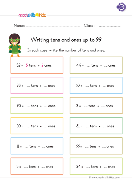 First Grade math worksheets - convert between tens and ones worksheets