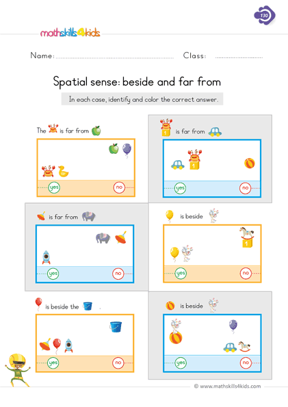 First Grade math worksheets - beside and far from position worksheets