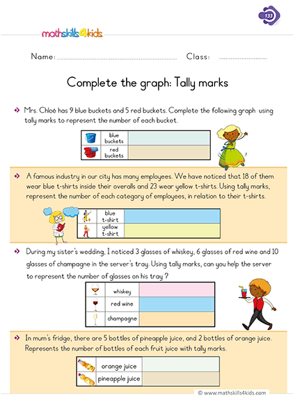 Fun and engaging first-Grade graphing & data worksheets and activities - Complete the tally marks graphs