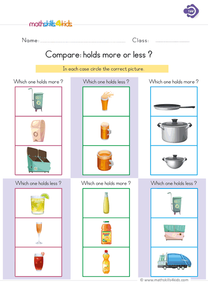 First Grade Math measurements worksheets - compare holds more or less