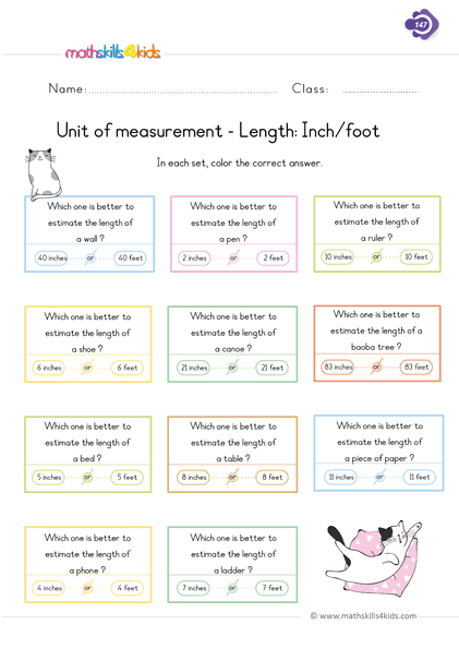 First Grade math worksheets - unit measurement lenght inch or foot worksheets
