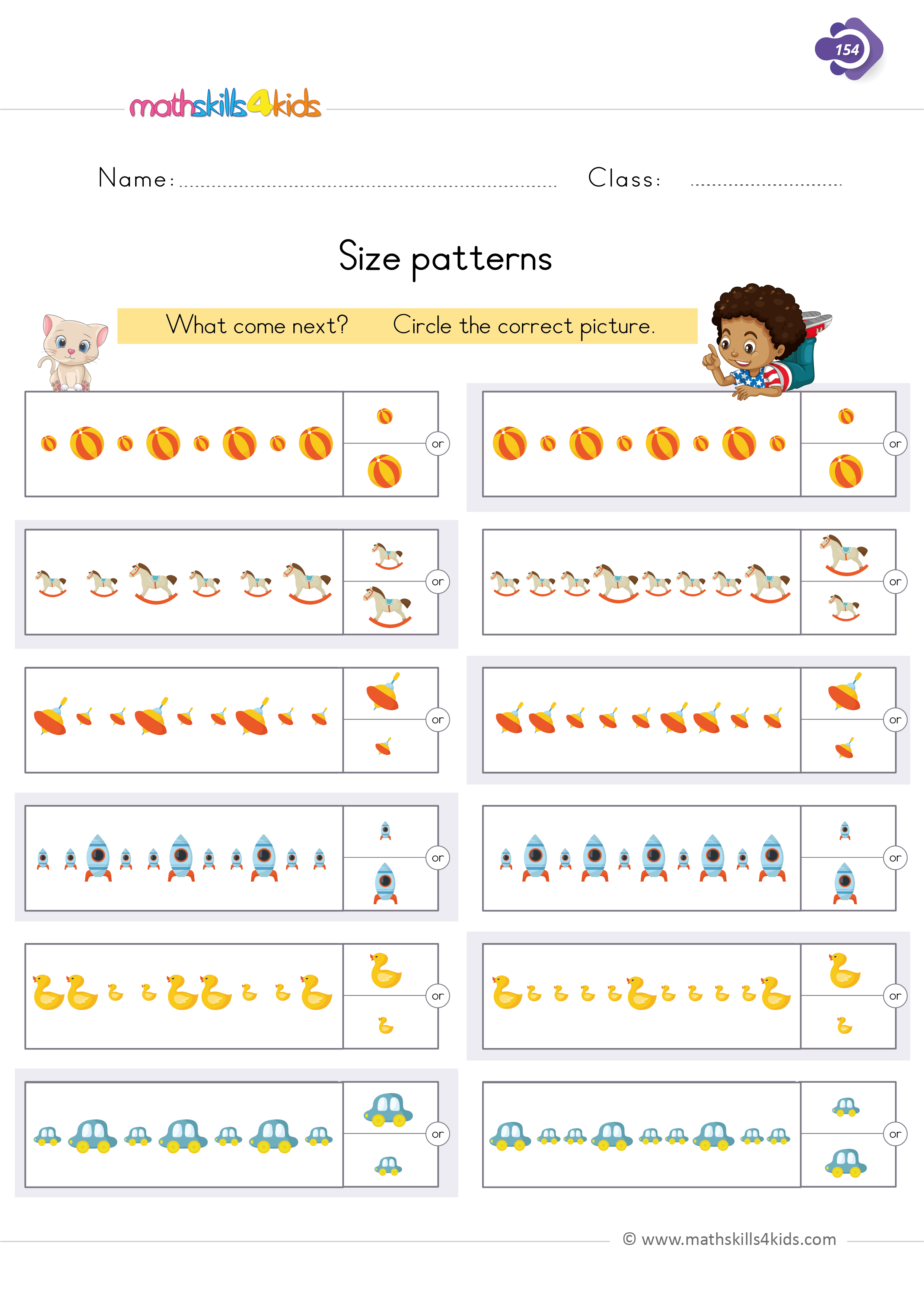 1st Grade free printable pattern worksheets: Fun & engaging activities - identifying what come next in the size pattern?