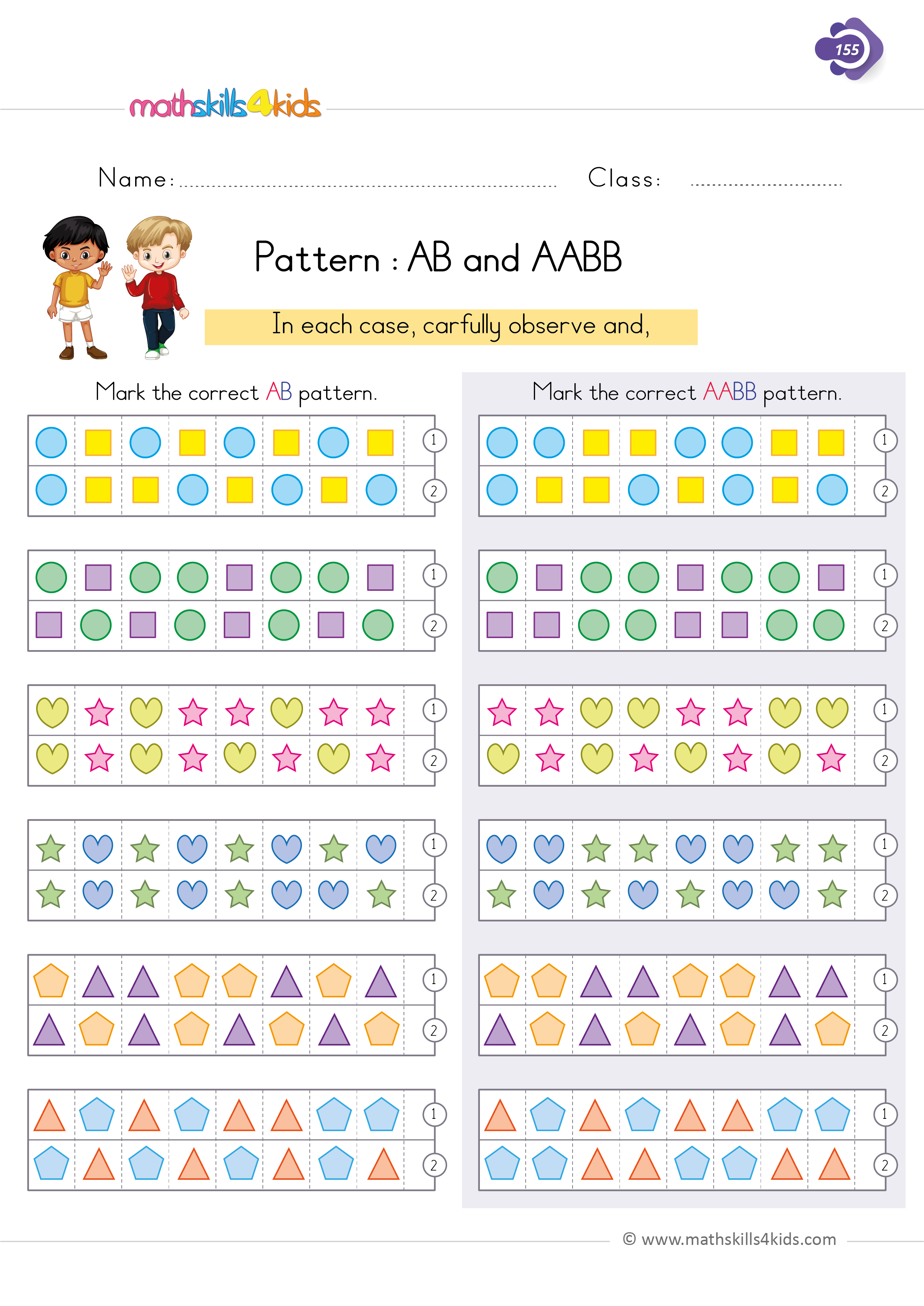 1st Grade free printable pattern worksheets: Fun & engaging activities - Patterns AB and AABB