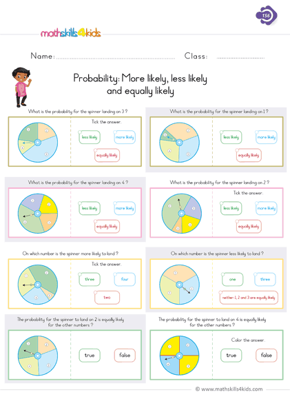 First Grade math worksheets - more likely and less likely probability worksheets