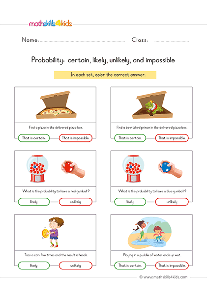 Fun Probability Worksheets for 1st Grade: Free Printables - certain likely unlikely impossible - probability vocabulary worksheets
