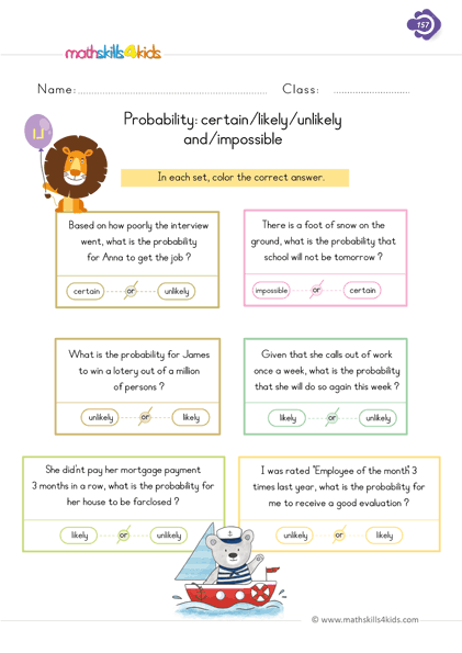 First Grade math worksheets - certain likely unlikely impossible - probability vocabulary worksheets