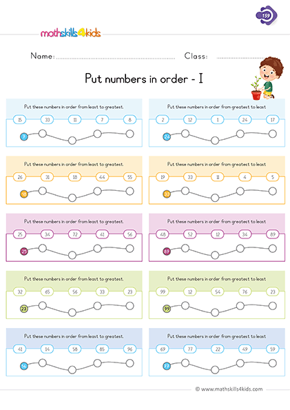 First Grade math worksheets - put in order - classifying numbers worksheets