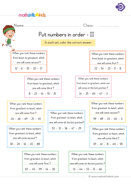 First Grade Math sorting ordering classifying worksheets - Put numbers in order