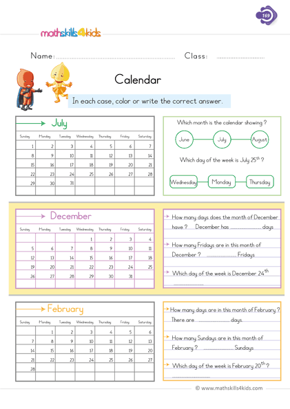 First Grade math worksheets - read calendar worksheets