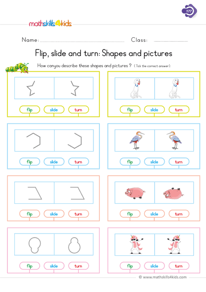 First Grade math worksheets - Flip Slide Turn 2d shapes