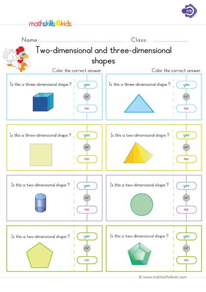 First Grade math worksheets - identifying 2d and 3d shapes worksheets