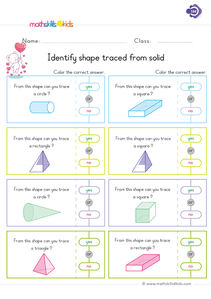 First Grade math worksheets - shapes traced from solid - 3D shapes