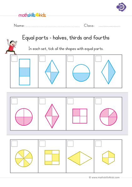 First Grade Math fractions worksheets