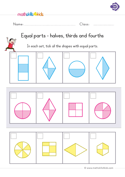 Free fraction worksheets for Grade 1 students (PDF Download) - fractions worksheets - equal parts halves thirds fourths