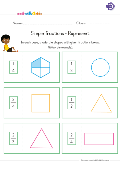 First Grade math worksheets - represent simple fractions