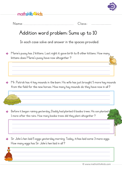 First Grade math worksheets - addition word problems with sums up to 10