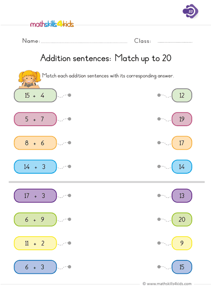 First Grade math worksheets - addition sentences and sums matching - addition facts to 20