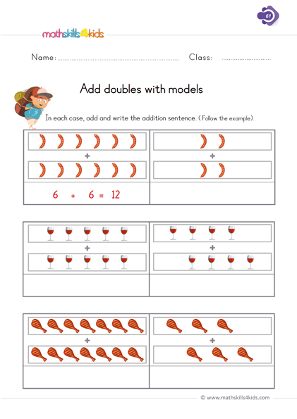 First Grade math worksheets - add doubles with models