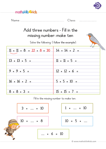 First Grade math worksheets - add 3 numbers strategie