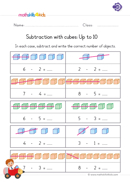 Subtraction worksheets for 1st graders with number lines and objects